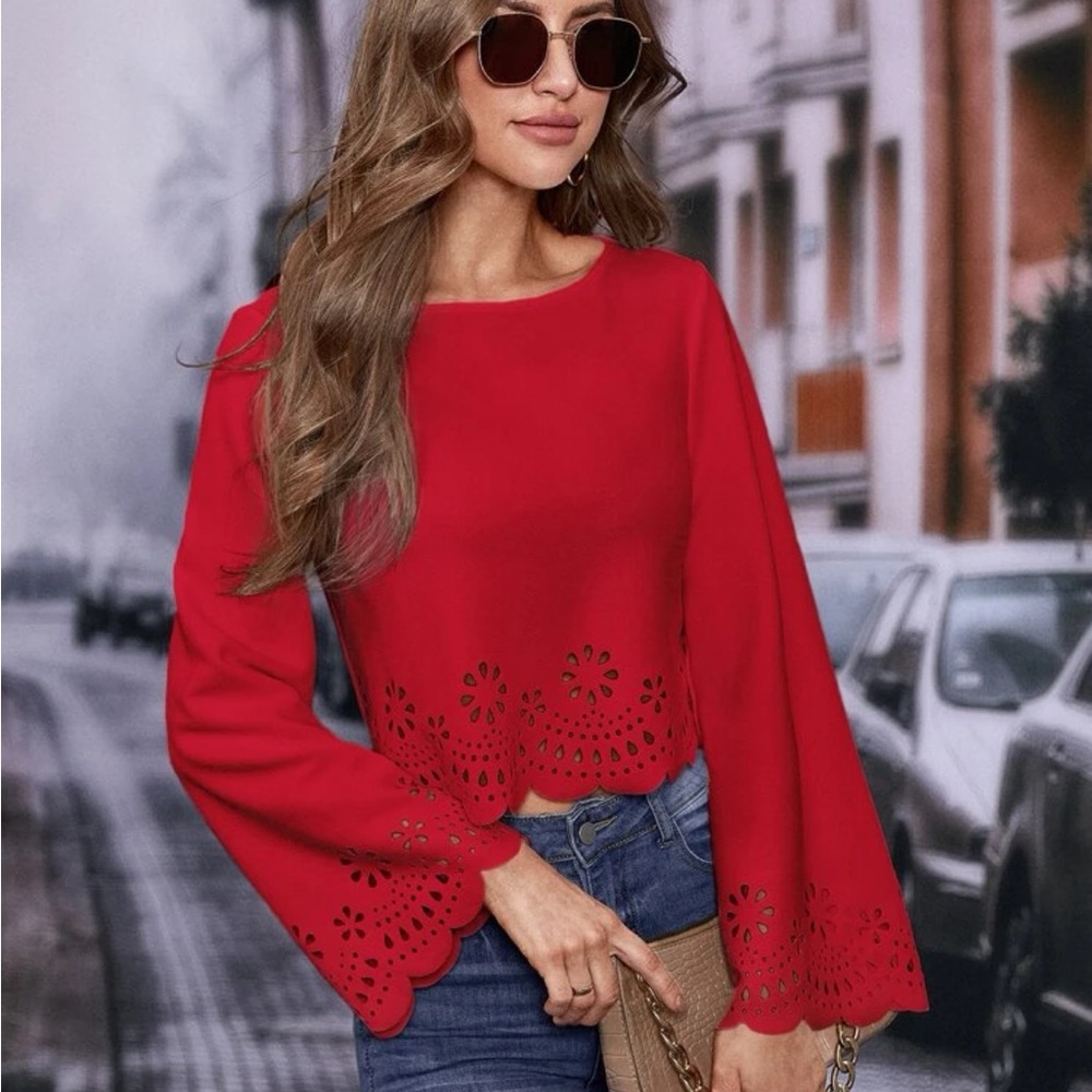 Frenchy Laser Cut Out Flounce Sleeve TOP